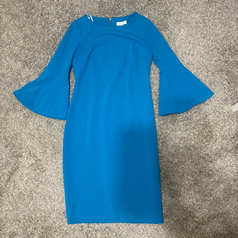Calvin Klein Blue Teal Aqua Bell Sleeve Sheath Dress Size 6 Career Cocktail Midi